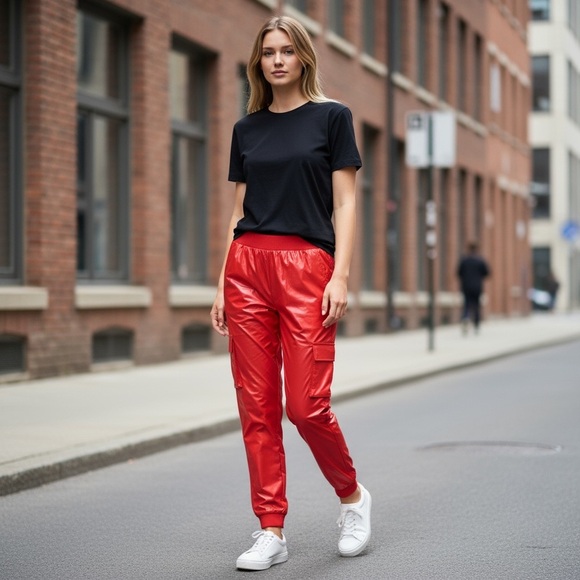 Fashion17 Pants - Red PU Cargo Joggers
New